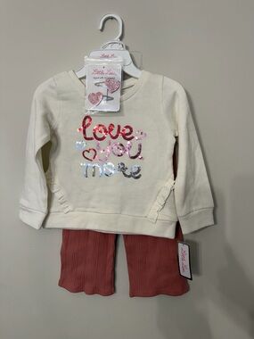 Little Lass "Love You More" Cream Sequin Sweatshirt & Pink Ribbed wide leg Set